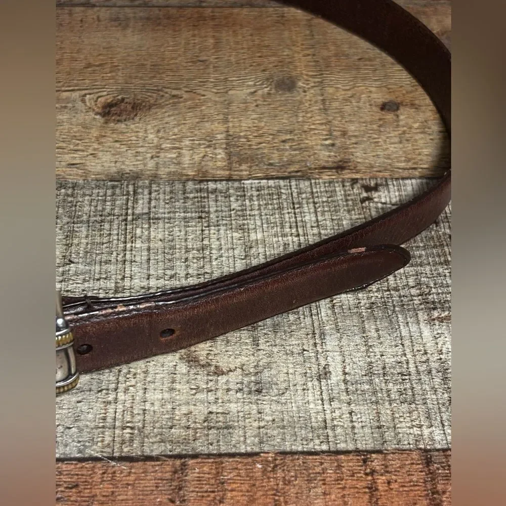 VTG Fossil Belt Womens Large Brown Leather 2-Tone Silver Brass Buckle Band